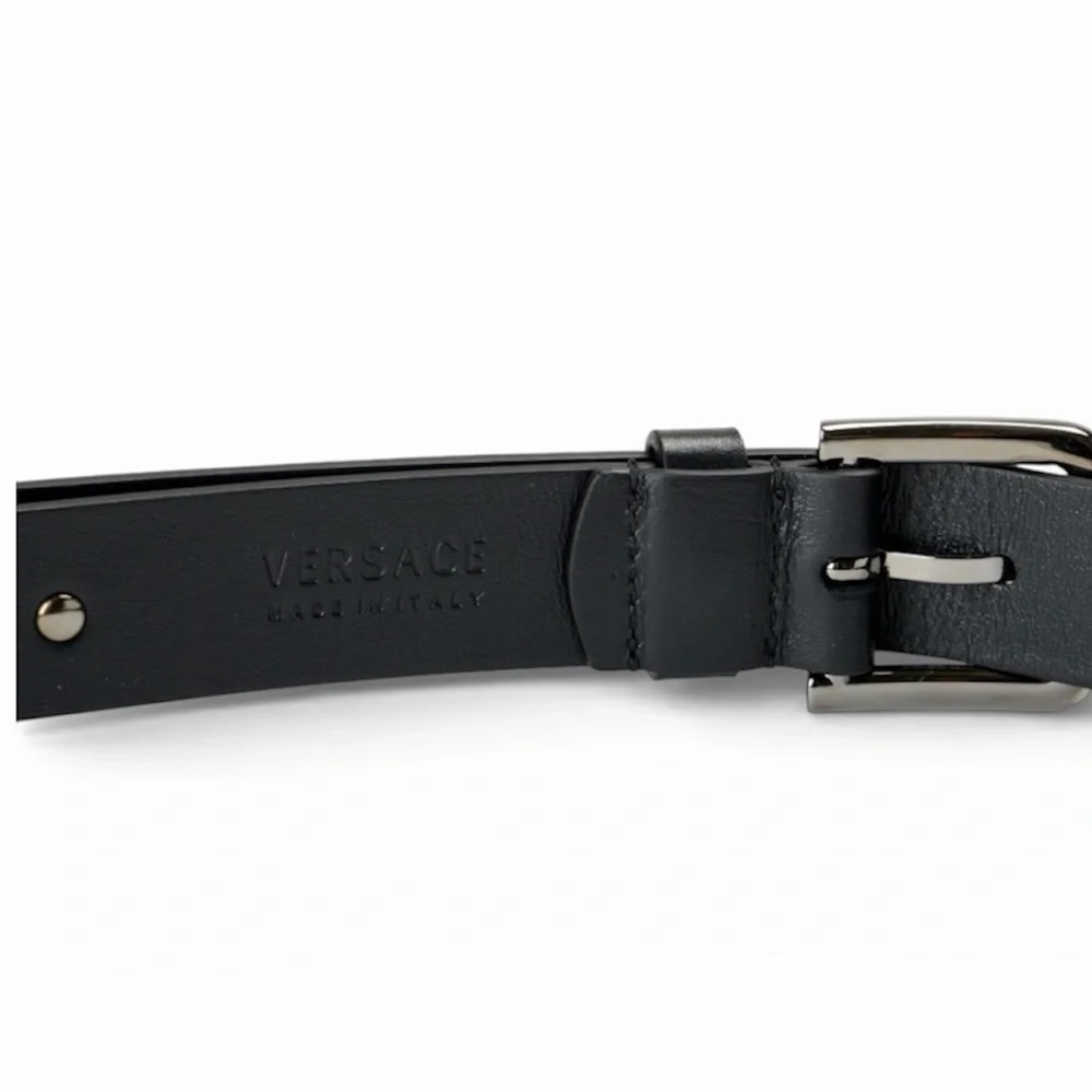 Versace Black Leather Skinny Belt with Medusa Studs